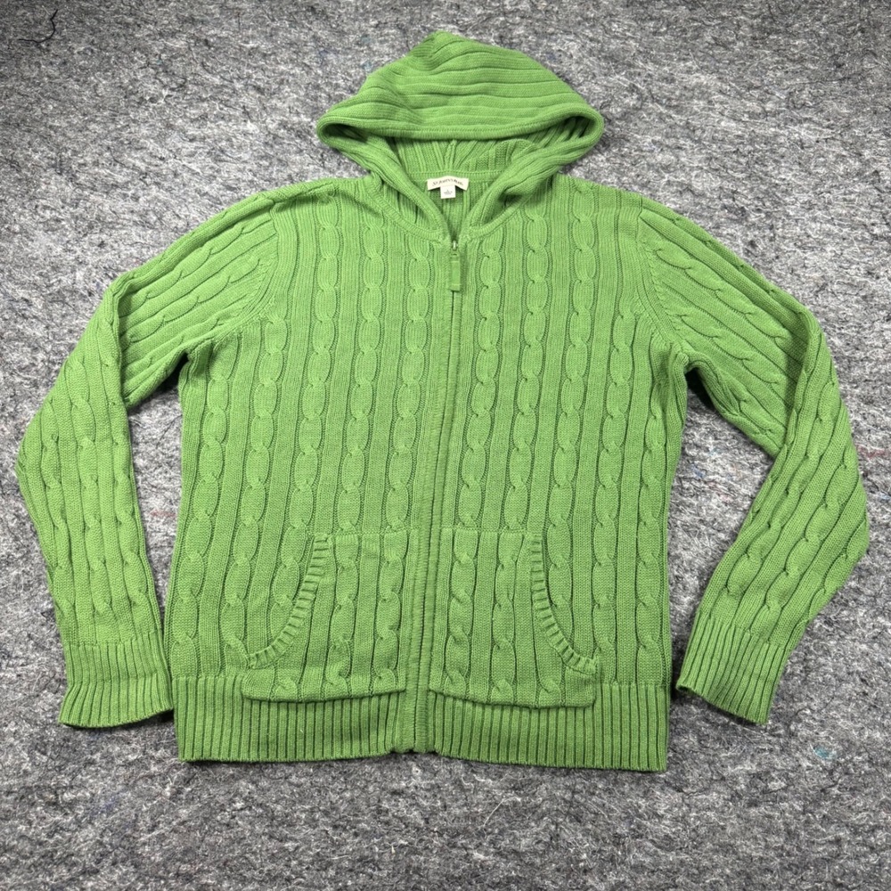 St Johns Bay Green Cable Knit Full Zip Hoodie Sweater Womens Large 100% Cotton